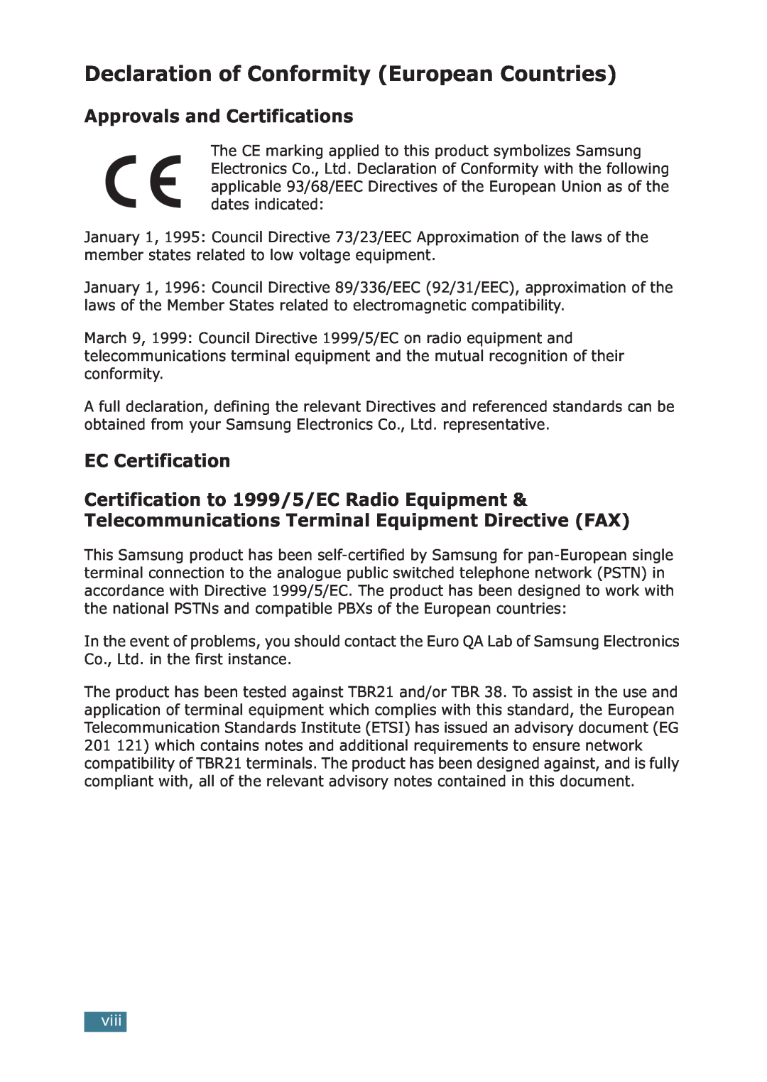 Samsung ML-1710P manual Declaration of Conformity European Countries, Approvals and Certifications, EC Certification, viii 