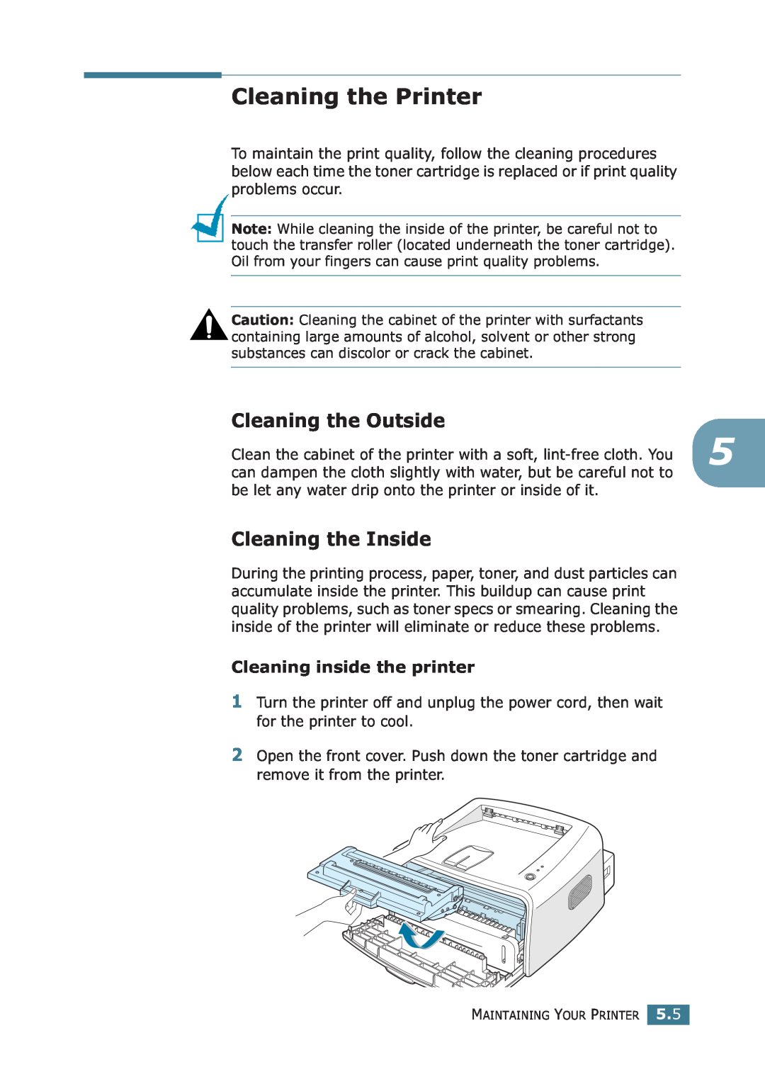 Samsung ML-1710P manual Cleaning the Printer, Cleaning the Outside, Cleaning the Inside, Cleaning inside the printer 