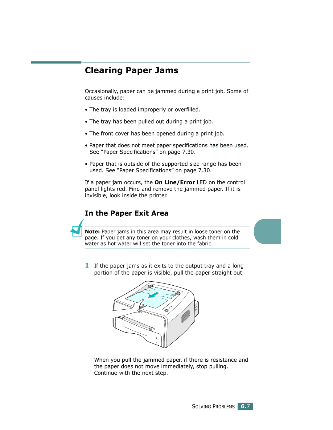 Samsung ML-1750 manual Clearing Paper Jams, Paper Exit Area, Water as hot water will set the toner into the fabric 