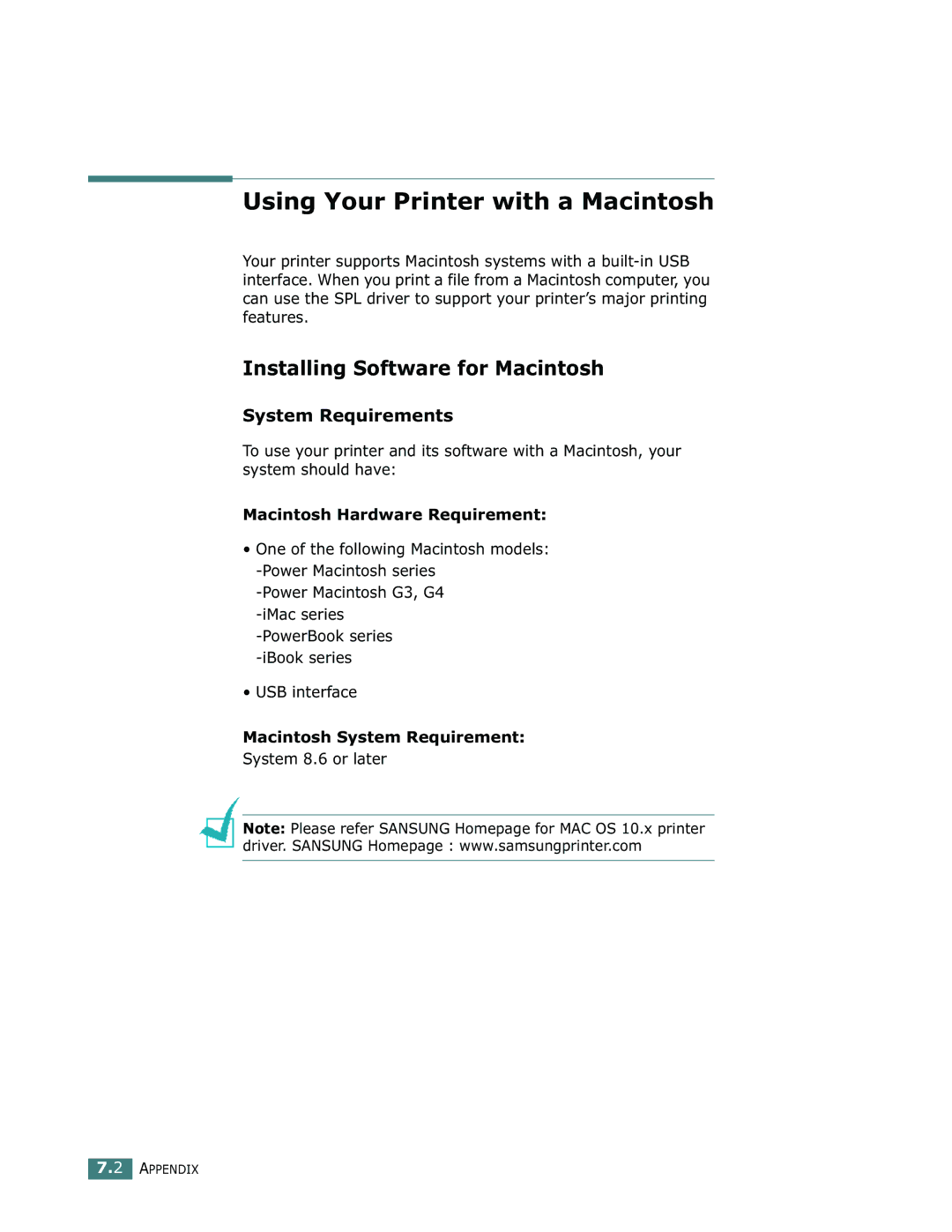 Samsung ML-1750 Using Your Printer with a Macintosh, Installing Software for Macintosh, Macintosh Hardware Requirement 