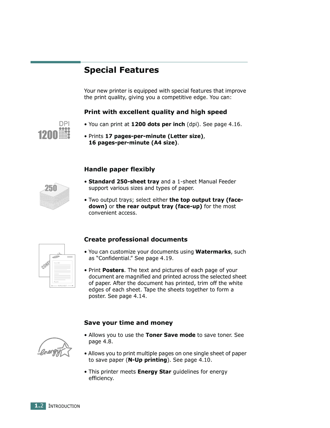 Samsung ML-1750 manual Special Features, Print with excellent quality and high speed, Handle paper flexibly 