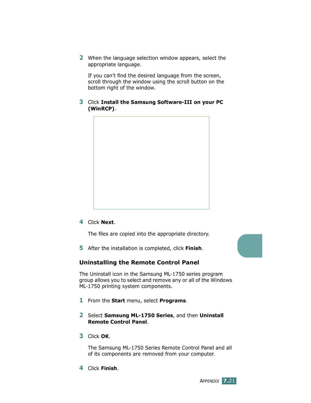 Samsung ML-1750 manual Uninstalling the Remote Control Panel, Click Install the Samsung Software-III on your PC WinRCP 