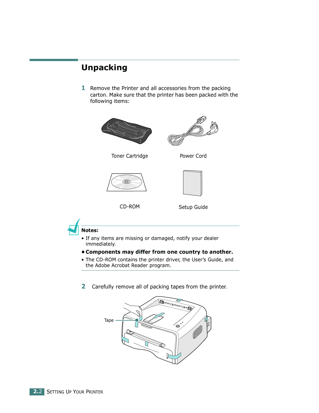 Samsung ML-1750 manual Unpacking, Components may differ from one country to another 