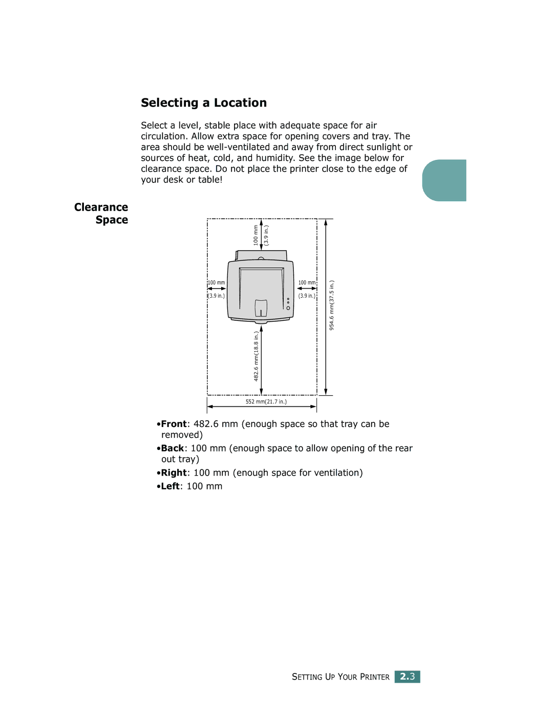 Samsung ML-1750 manual Selecting a Location, Clearance Space, Select a level, stable place with adequate space for air 