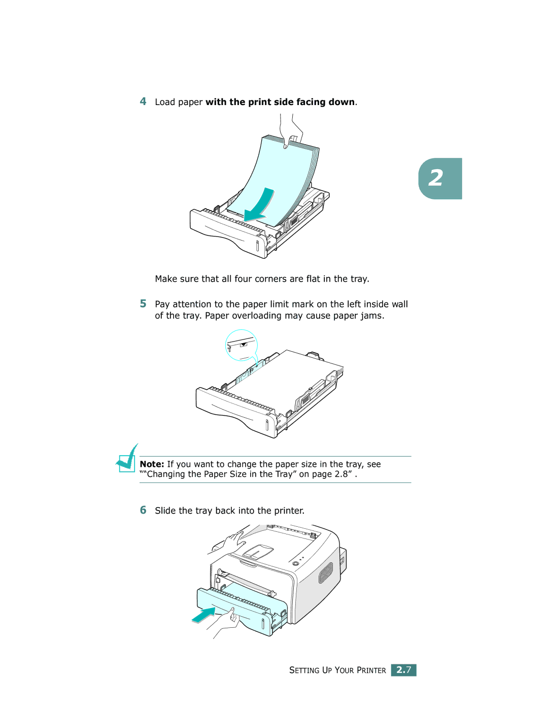 Samsung ML-1750 manual Load paper with the print side facing down, Make sure that all four corners are flat in the tray 