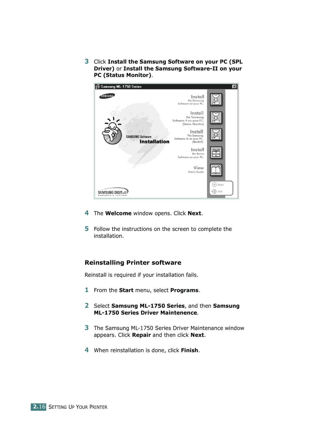 Samsung ML-1750 manual Reinstalling Printer software 