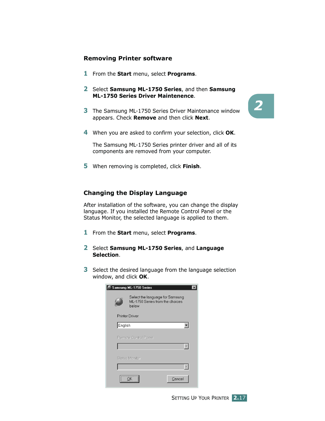 Samsung ML-1750 manual Removing Printer software, Changing the Display Language 