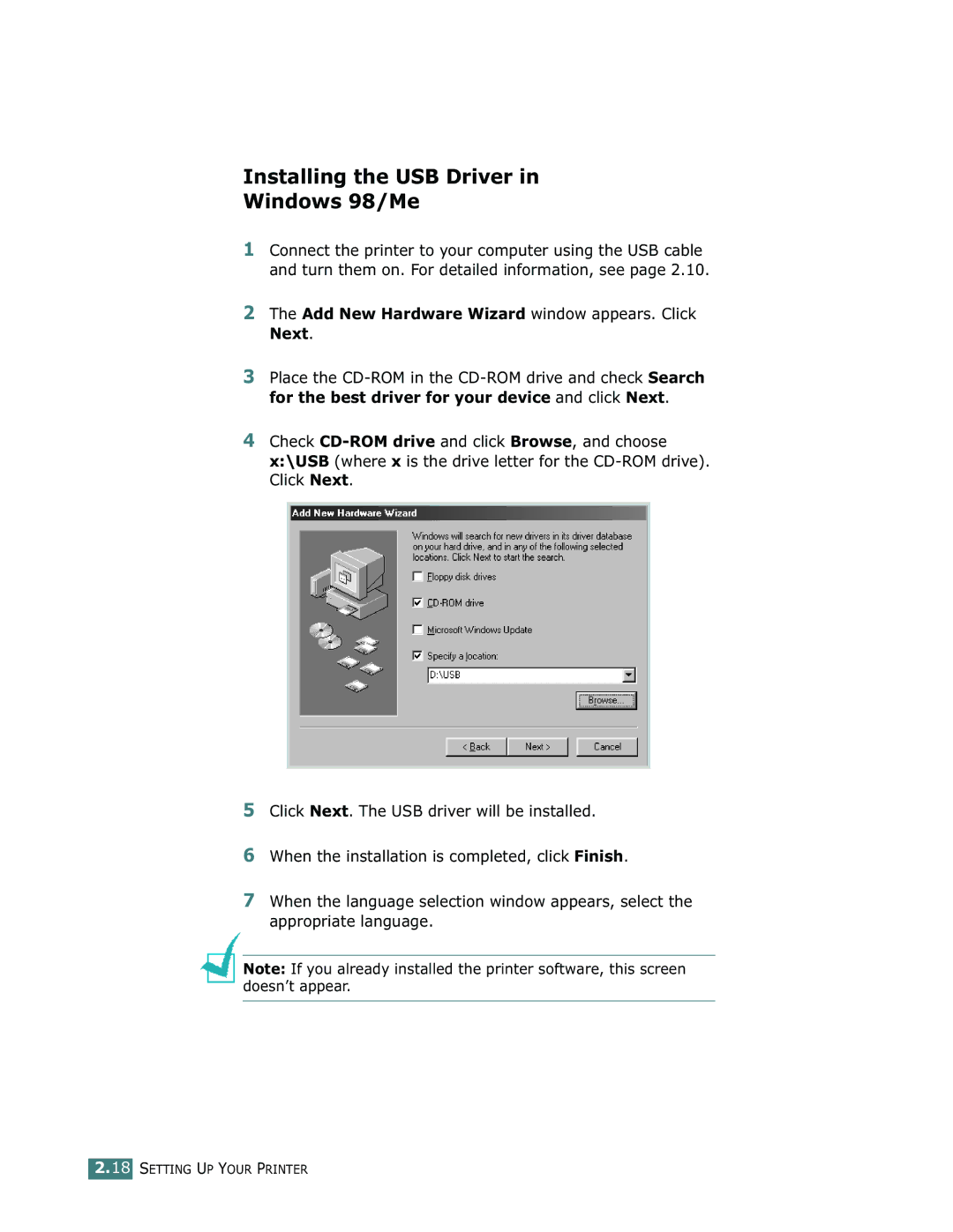 Samsung ML-1750 manual Installing the USB Driver Windows 98/Me, Add New Hardware Wizard window appears. Click Next 