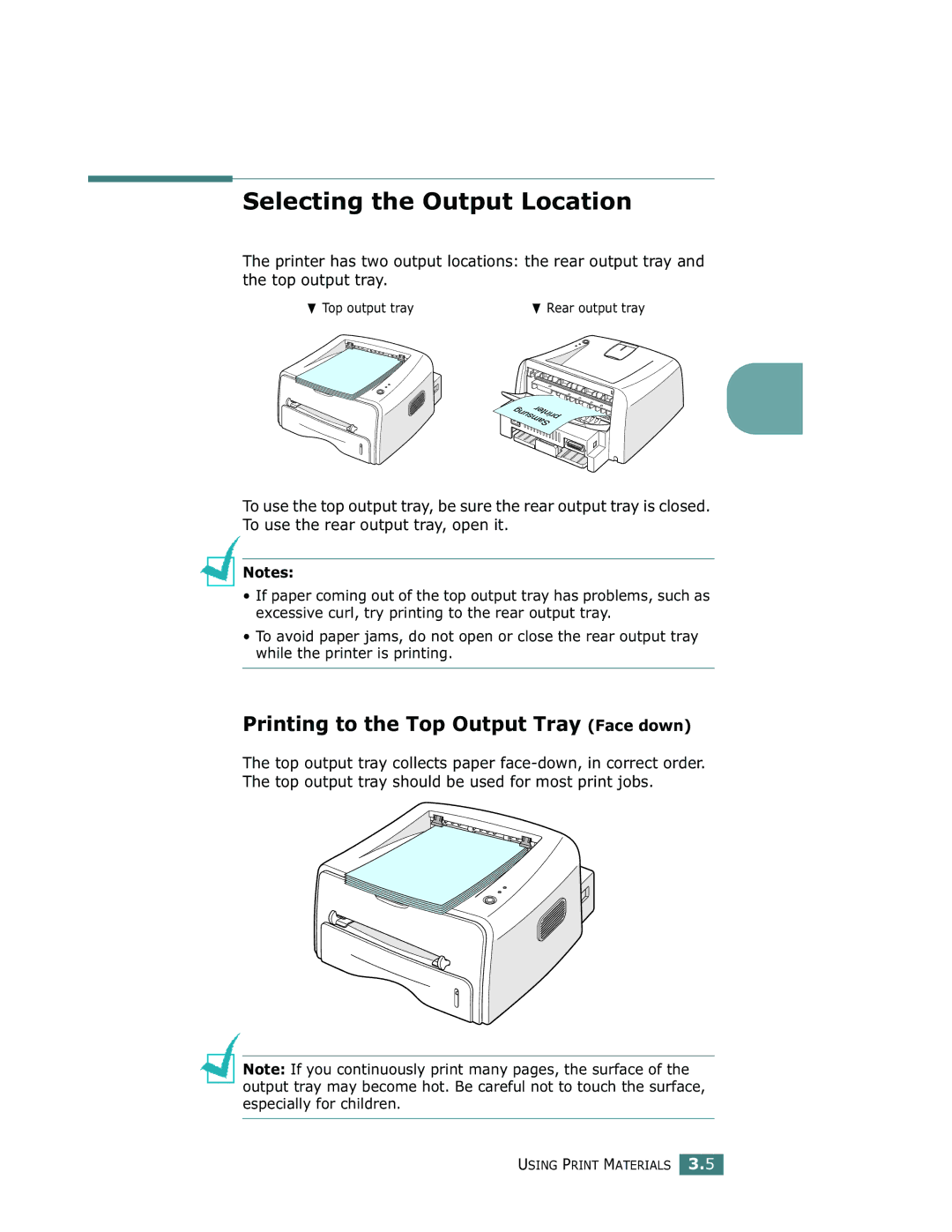 Samsung ML-1750 manual Selecting the Output Location, Printing to the Top Output Tray Face down 