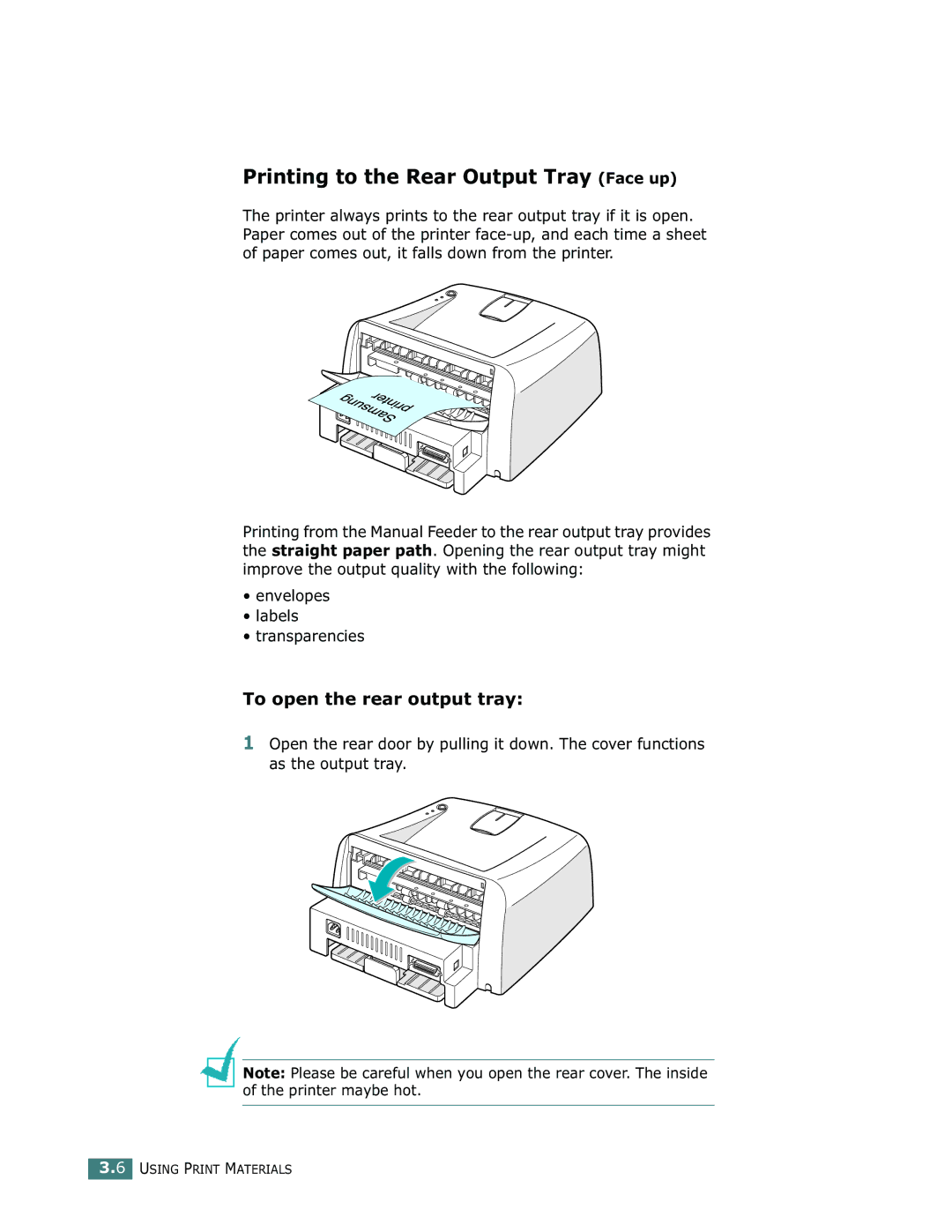 Samsung ML-1750 manual Printing to the Rear Output Tray Face up, To open the rear output tray 