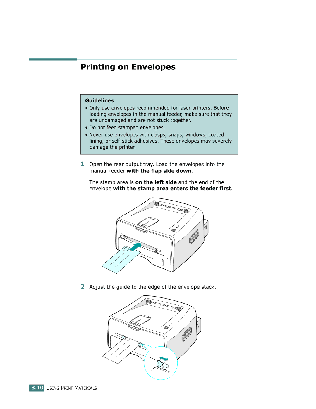 Samsung ML-1750 manual Printing on Envelopes, Guidelines, Adjust the guide to the edge of the envelope stack 