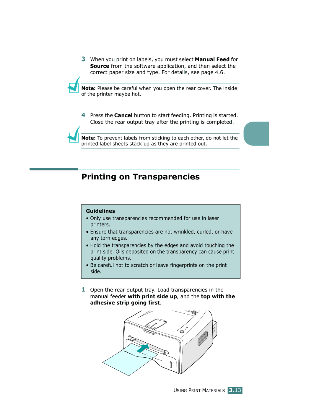 Samsung ML-1750 manual Printing on Transparencies 