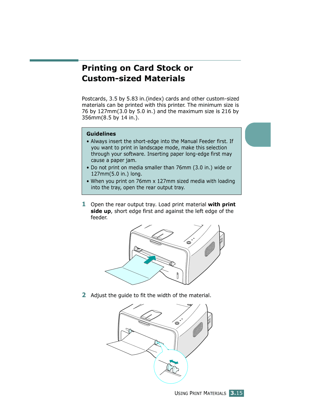 Samsung ML-1750 manual Printing on Card Stock or Custom-sized Materials 