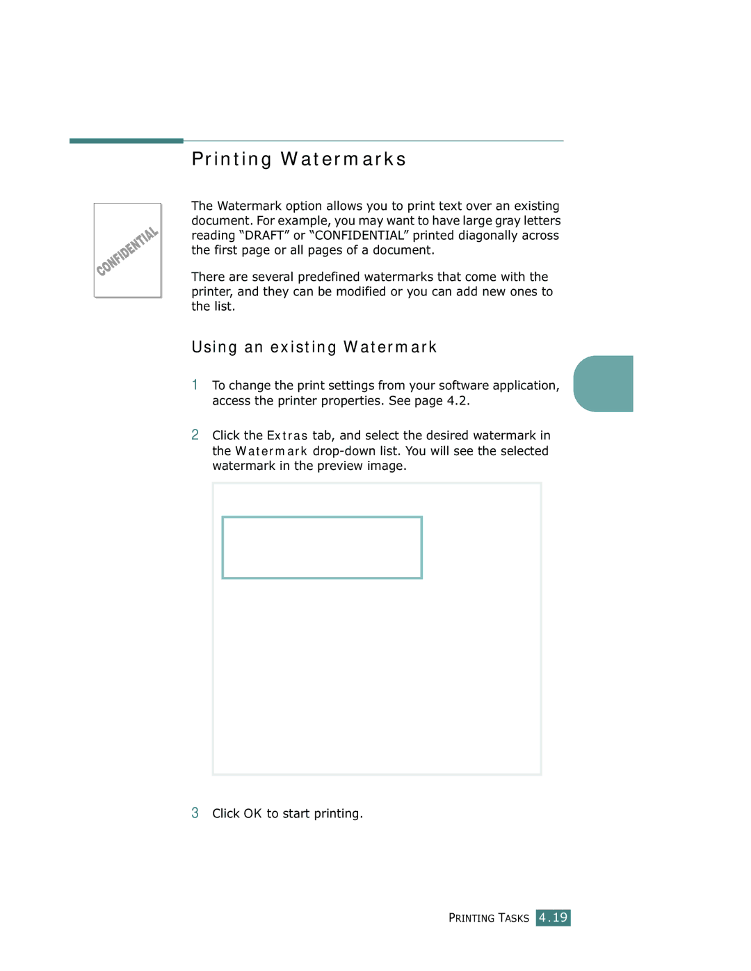 Samsung ML-1750 manual Printing Watermarks, Using an existing Watermark 