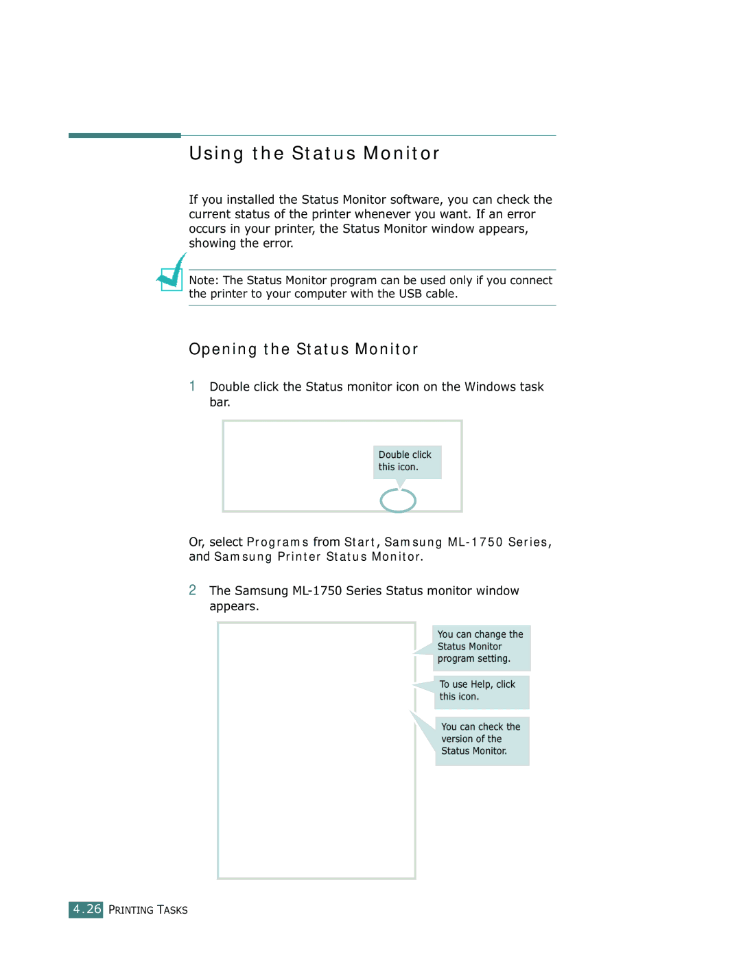 Samsung Using the Status Monitor, Opening the Status Monitor, Samsung ML-1750 Series Status monitor window appears 