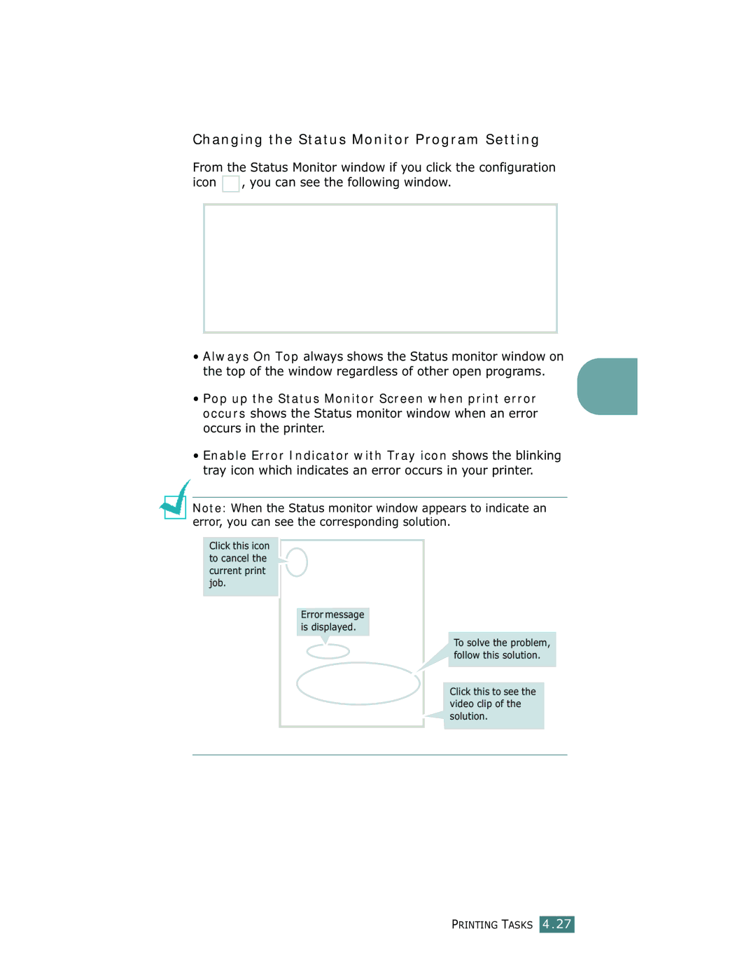 Samsung ML-1750 manual Changing the Status Monitor Program Setting, Top of the window regardless of other open programs 