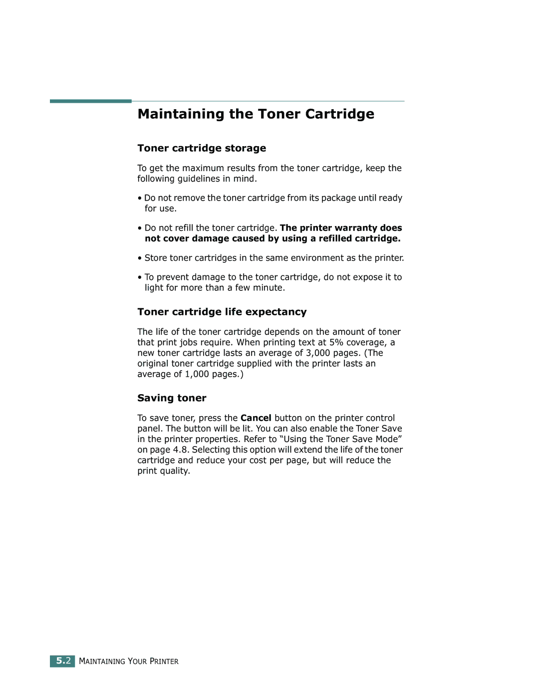 Samsung ML-1750 Maintaining the Toner Cartridge, Toner cartridge storage, Toner cartridge life expectancy, Saving toner 