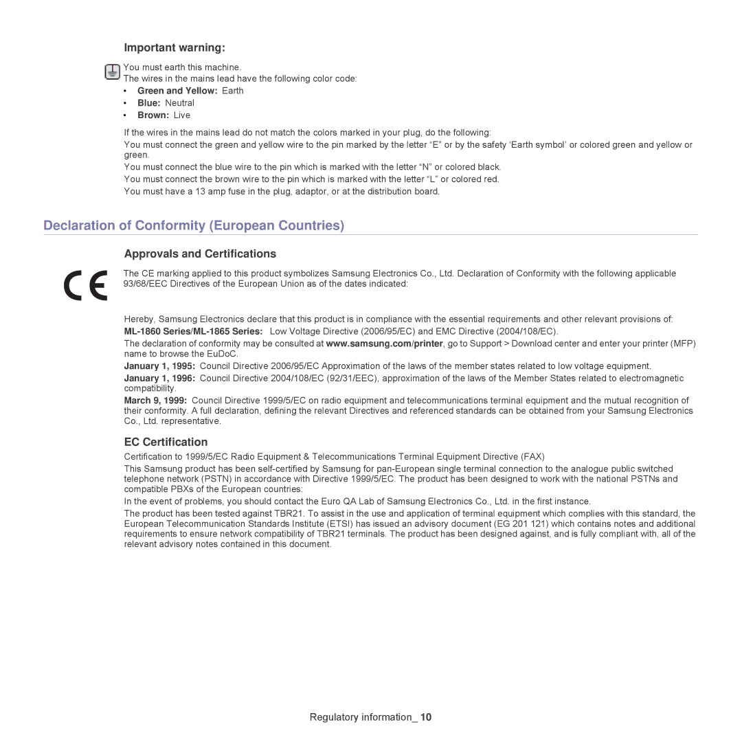 Samsung ML-1860, 1865 manual Declaration of Conformity European Countries, Important warning, Approvals and Certifications 