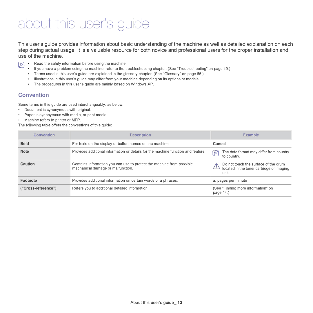 Samsung 1865, ML-1860 manual About this user’s guide, Convention Description Example 