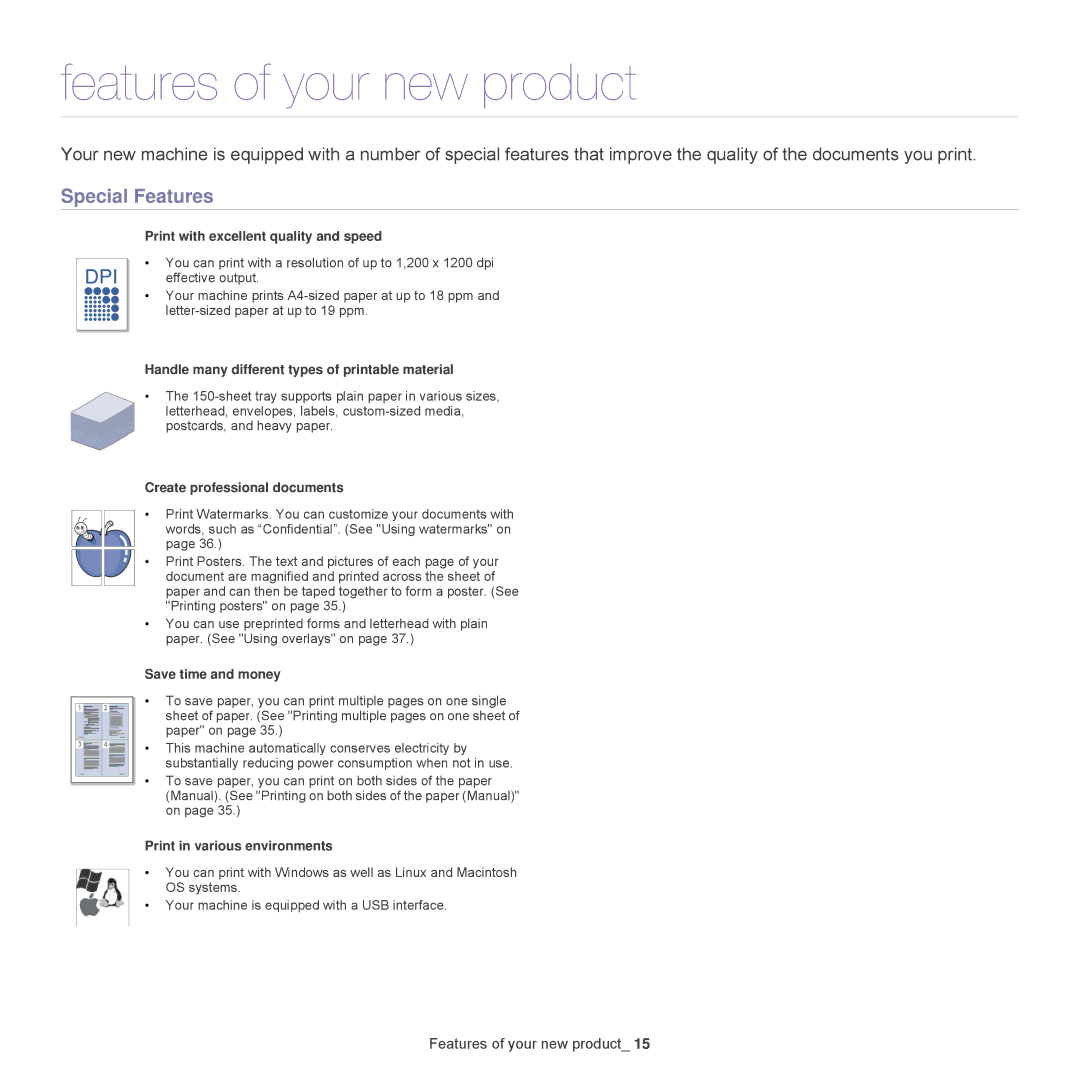 Samsung 1865, ML-1860 manual Features of your new product, Special Features 