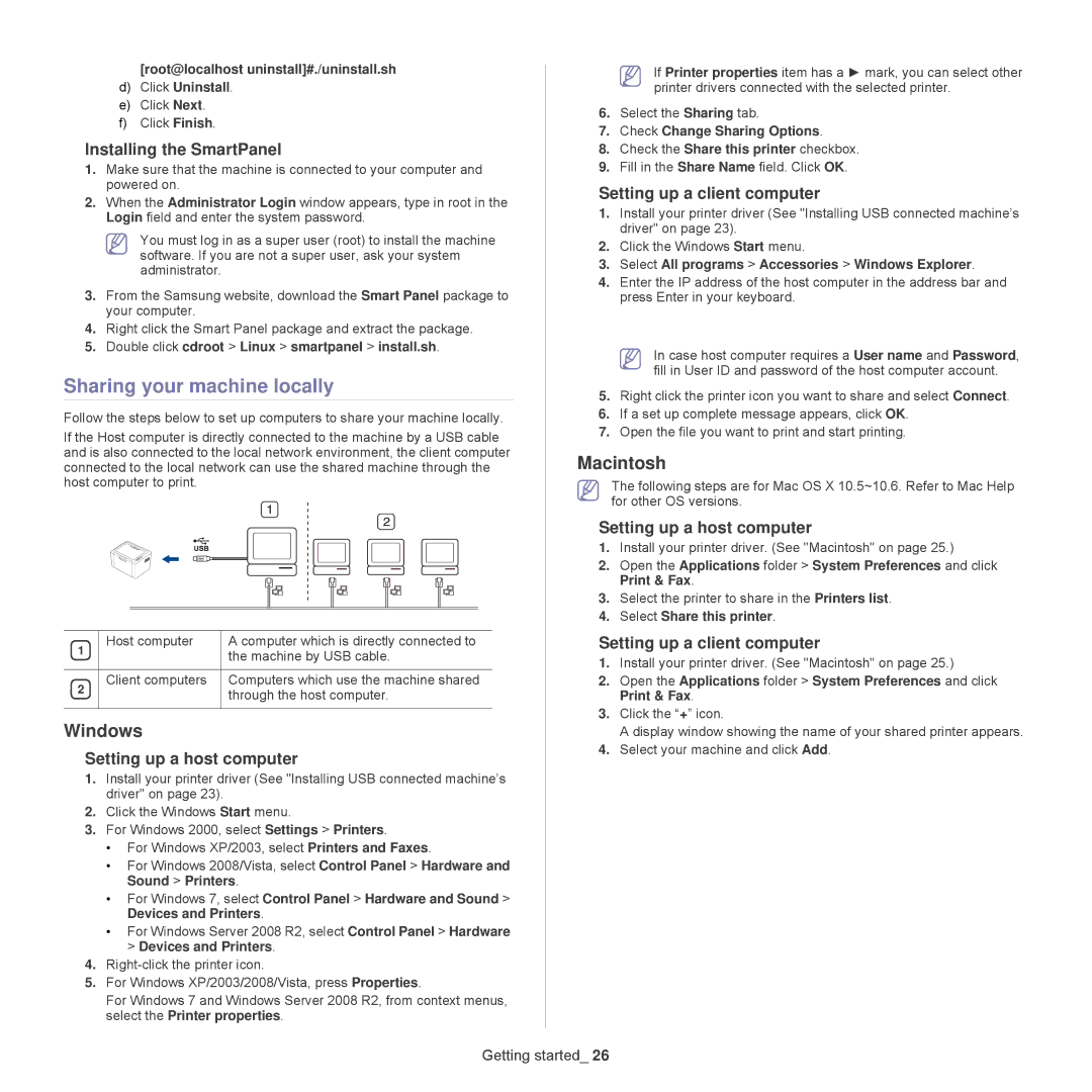 Samsung ML-1860, 1865 manual Sharing your machine locally, Installing the SmartPanel, Setting up a host computer 