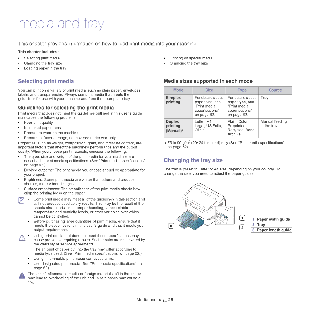 Samsung ML-1860 Media and tray, Selecting print media, Changing the tray size, Guidelines for selecting the print media 