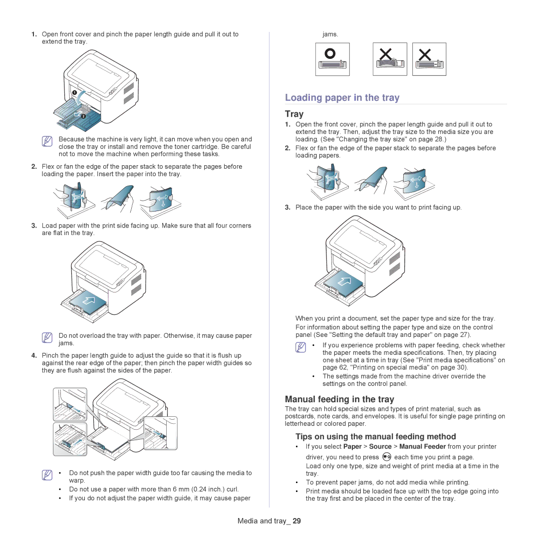 Samsung 1865, ML-1860 Loading paper in the tray, Tray, Manual feeding in the tray, Tips on using the manual feeding method 