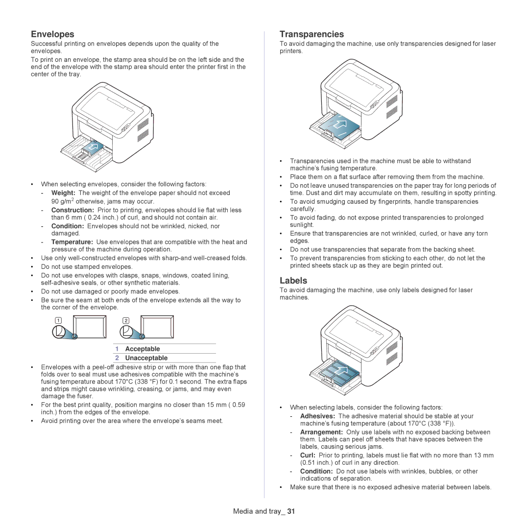 Samsung 1865, ML-1860 manual Envelopes, Transparencies, Labels, Acceptable Unacceptable 