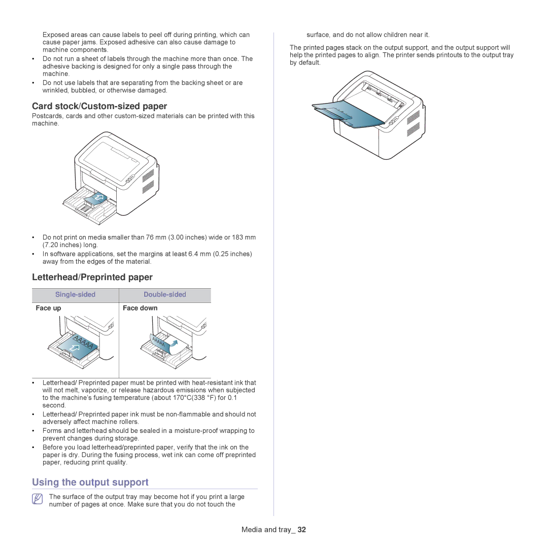 Samsung ML-1860 Using the output support, Card stock/Custom-sized paper, Letterhead/Preprinted paper, Face up Face down 