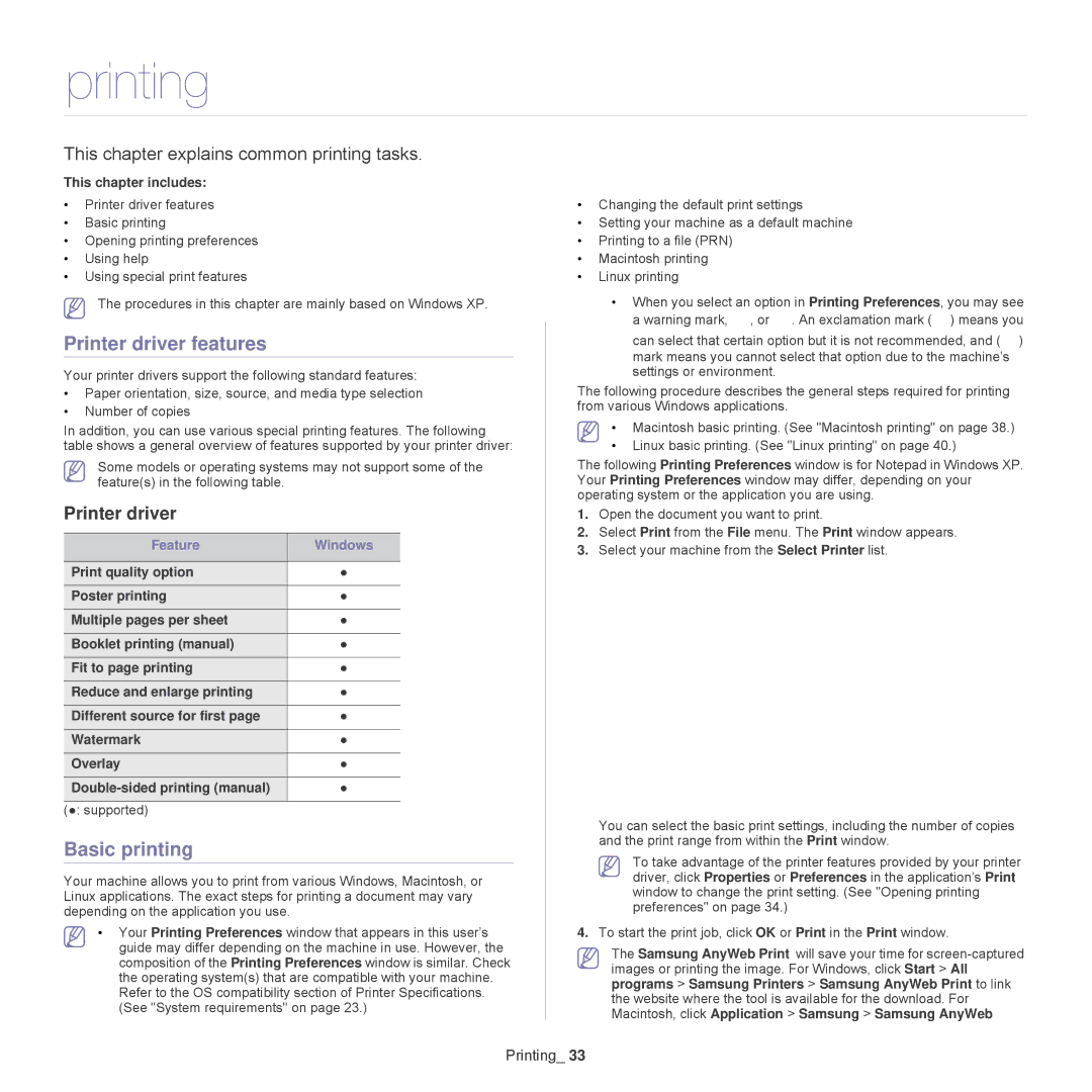 Samsung 1865, ML-1860 manual Printing, Printer driver features, Basic printing 