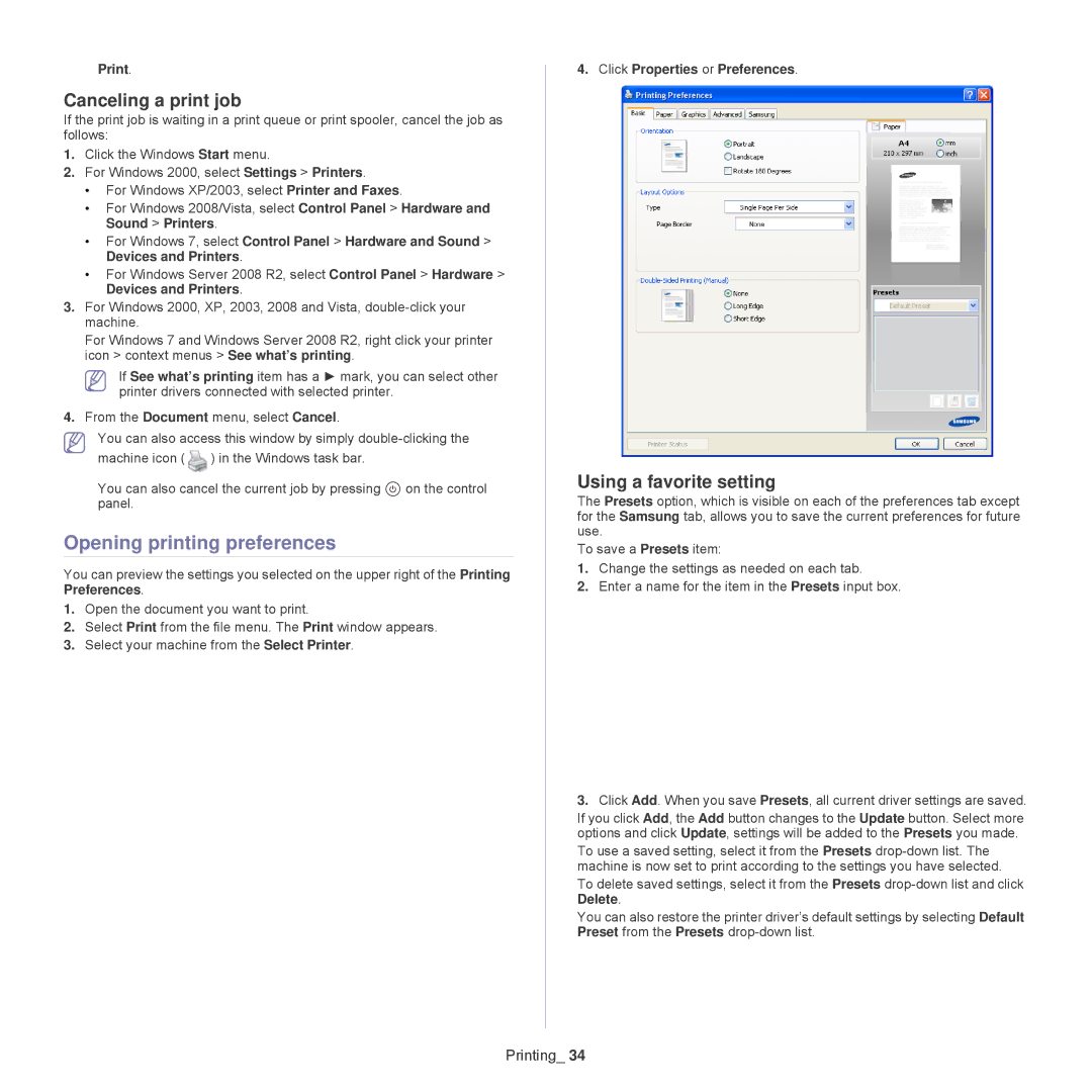 Samsung ML-1860, 1865 manual Opening printing preferences, Canceling a print job, Using a favorite setting, Print 