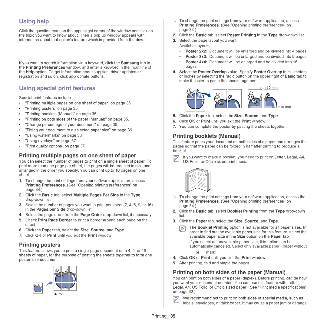 Samsung 1865, ML-1860 manual Using help, Using special print features 