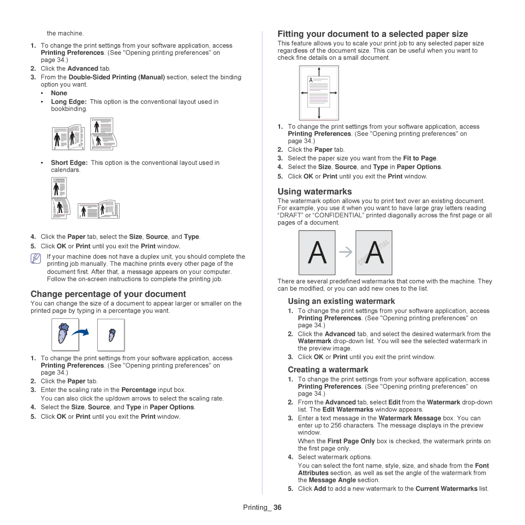 Samsung ML-1860, 1865 Change percentage of your document, Fitting your document to a selected paper size, Using watermarks 