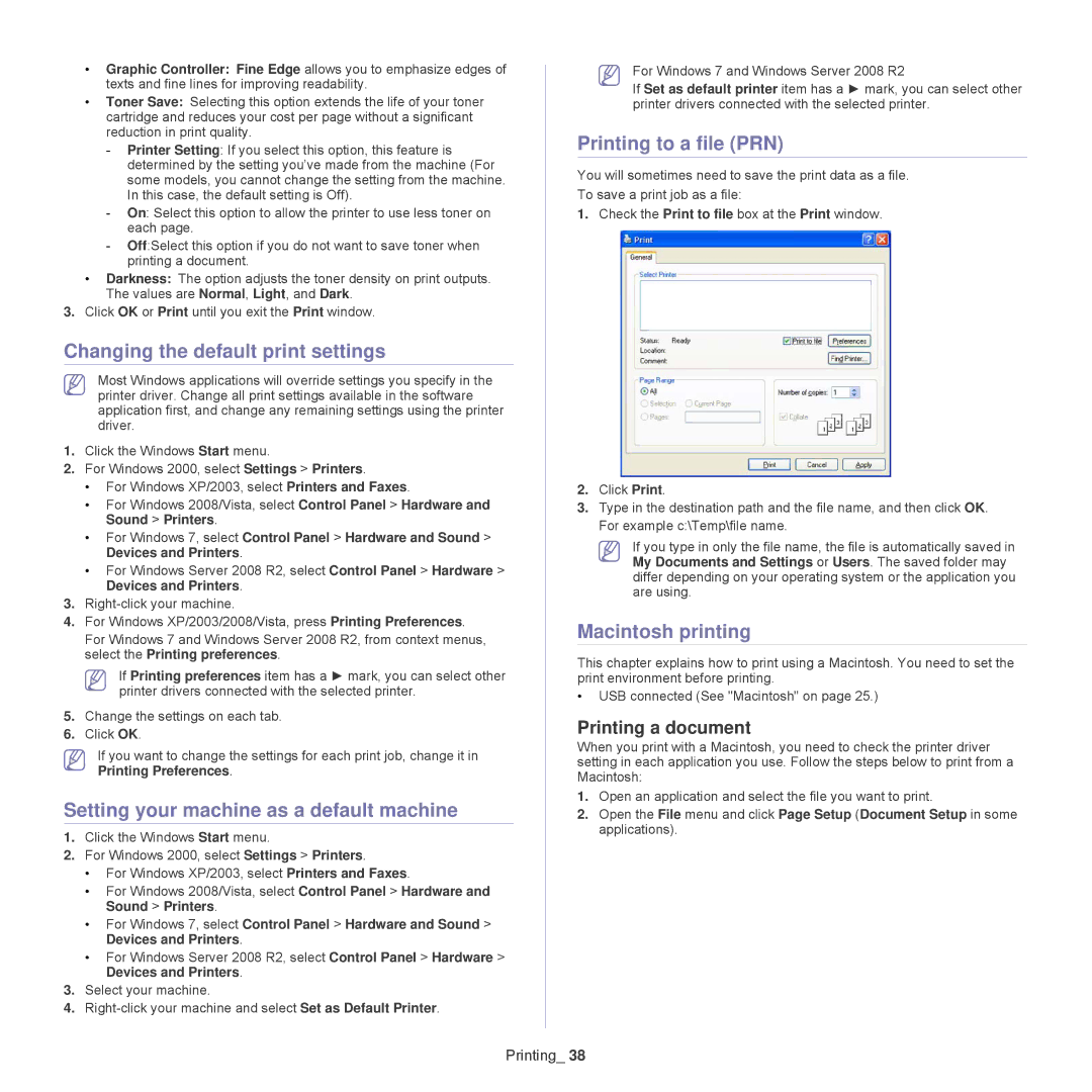 Samsung ML-1860 Changing the default print settings, Setting your machine as a default machine, Printing to a file PRN 