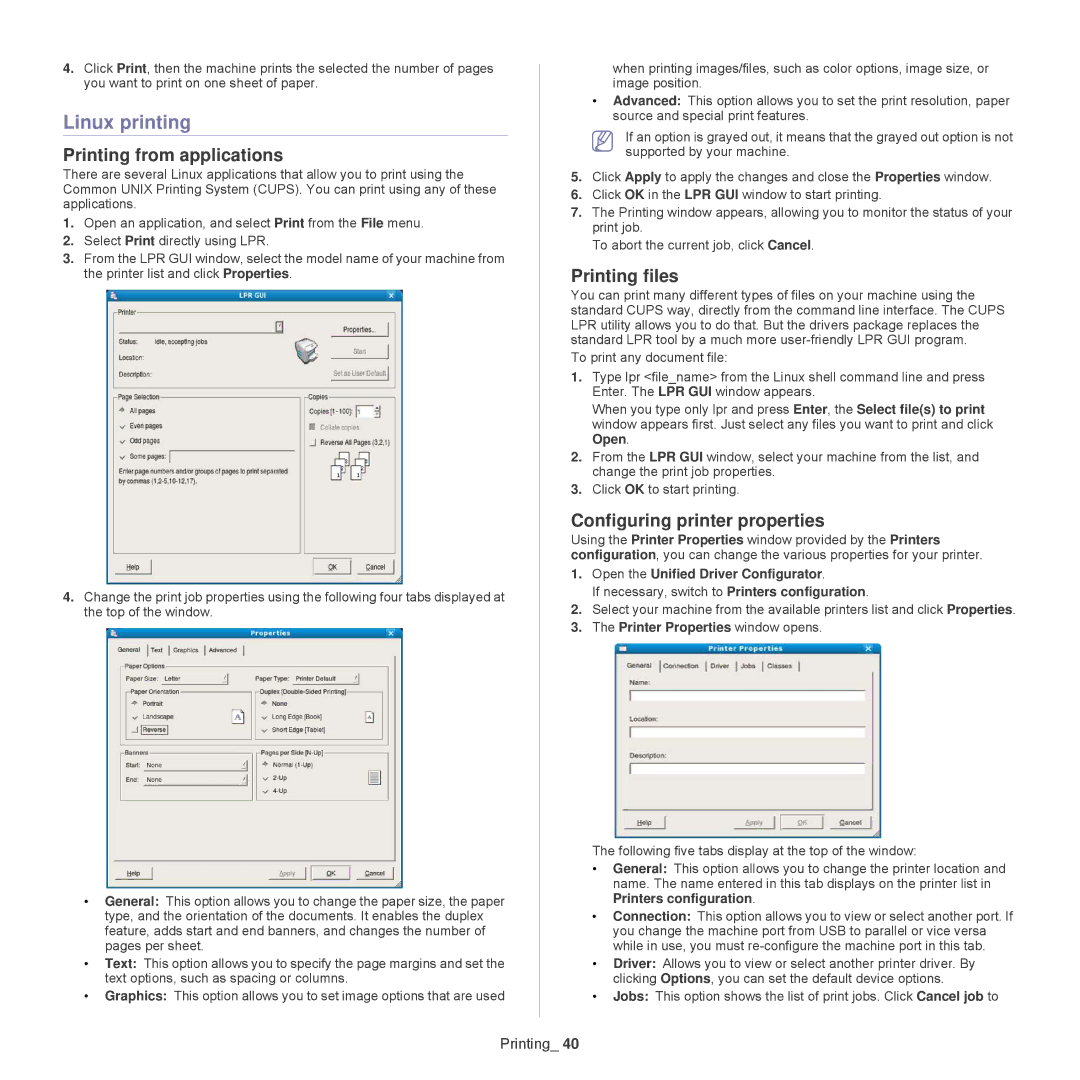 Samsung ML-1860, 1865 manual Linux printing, Printing from applications, Printing files, Configuring printer properties 