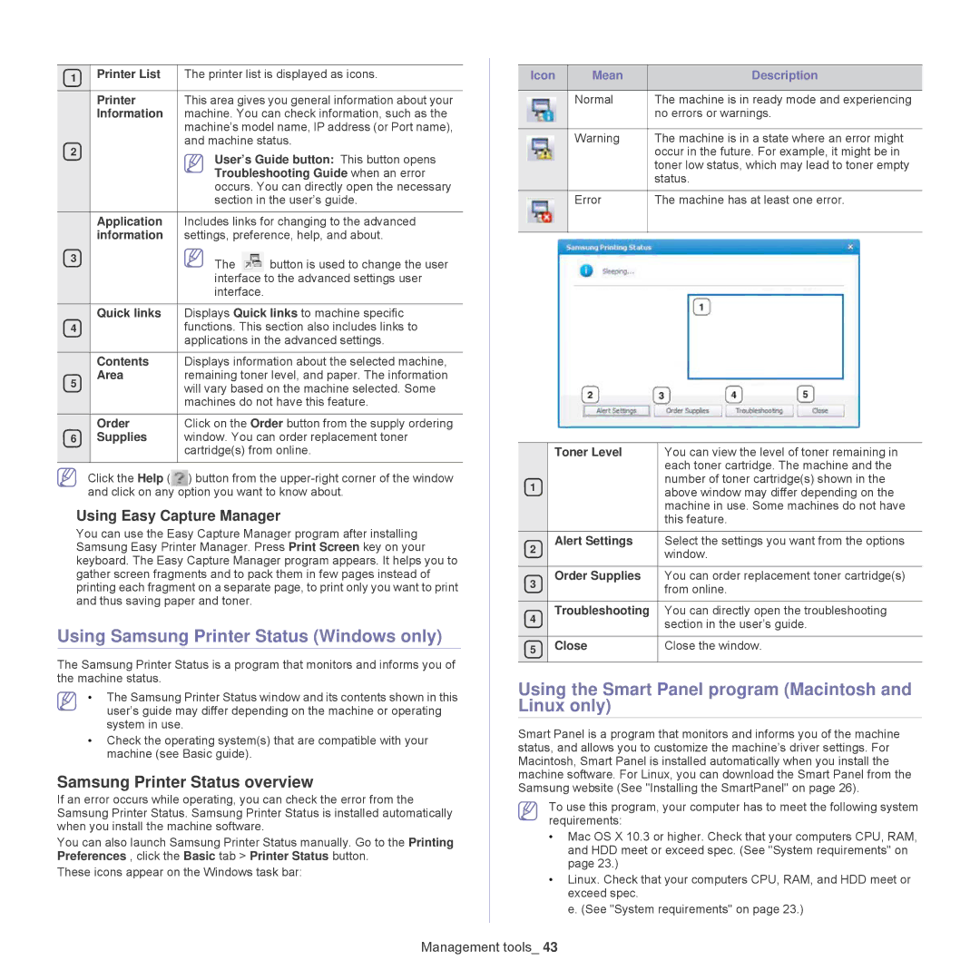 Samsung 1865, ML-1860 Using Samsung Printer Status Windows only, Using the Smart Panel program Macintosh and Linux only 