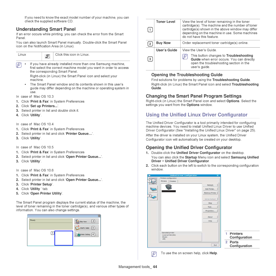 Samsung ML-1860 Using the Unified Linux Driver Configurator, Understanding Smart Panel, Opening the Troubleshooting Guide 