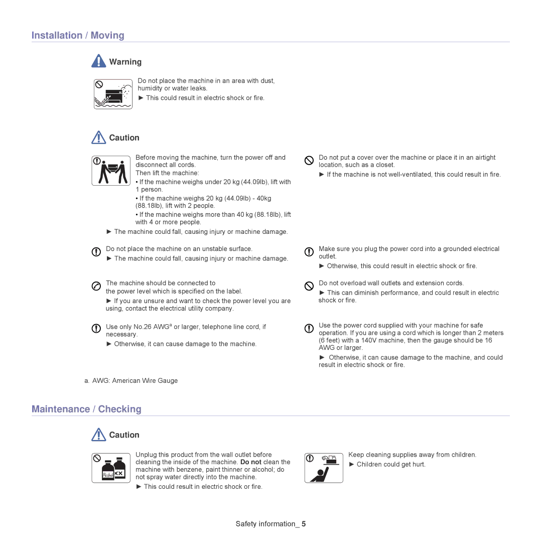 Samsung 1865, ML-1860 manual Installation / Moving, Maintenance / Checking 