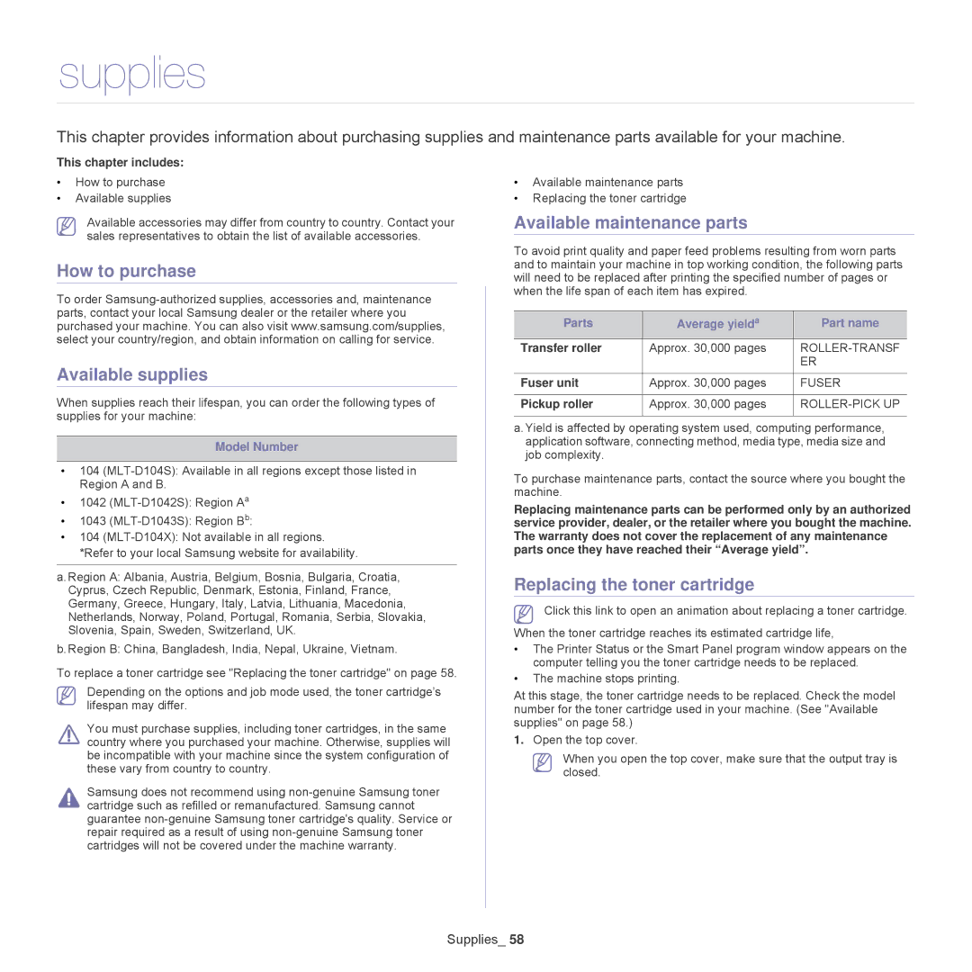 Samsung ML-1860 Supplies, How to purchase Available supplies, Available maintenance parts, Replacing the toner cartridge 