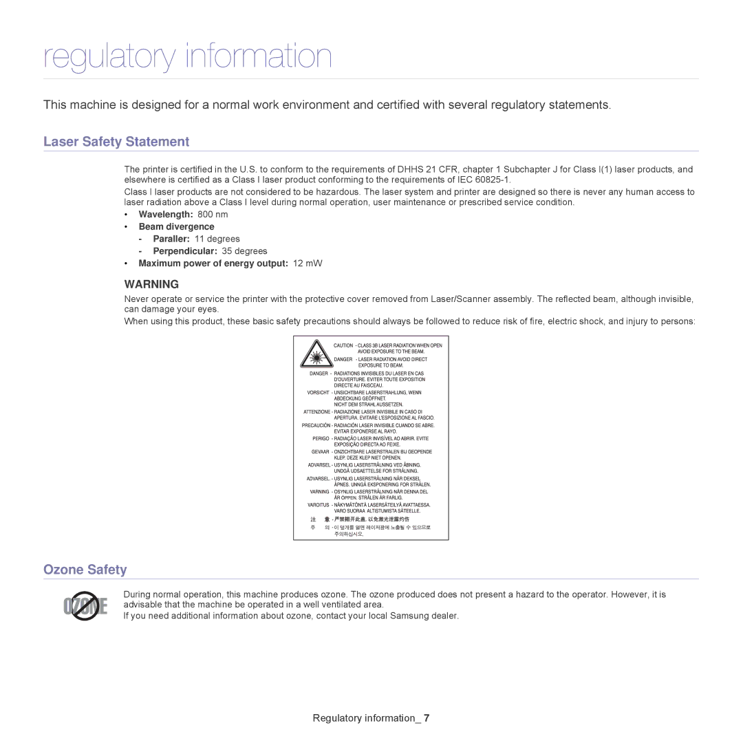 Samsung 1865, ML-1860 manual Regulatory information, Laser Safety Statement, Ozone Safety 