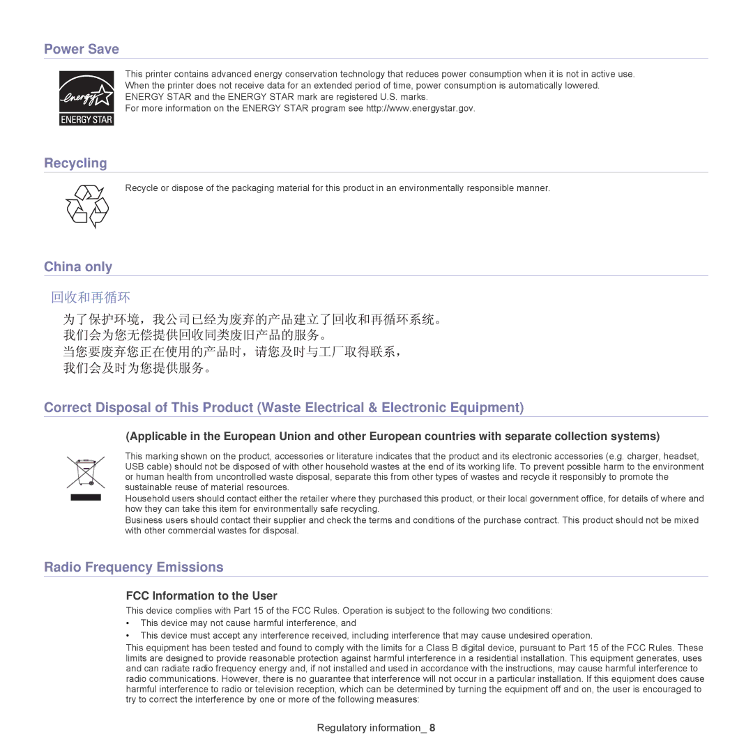 Samsung ML-1860, 1865 manual Power Save, Recycling, Radio Frequency Emissions, FCC Information to the User 