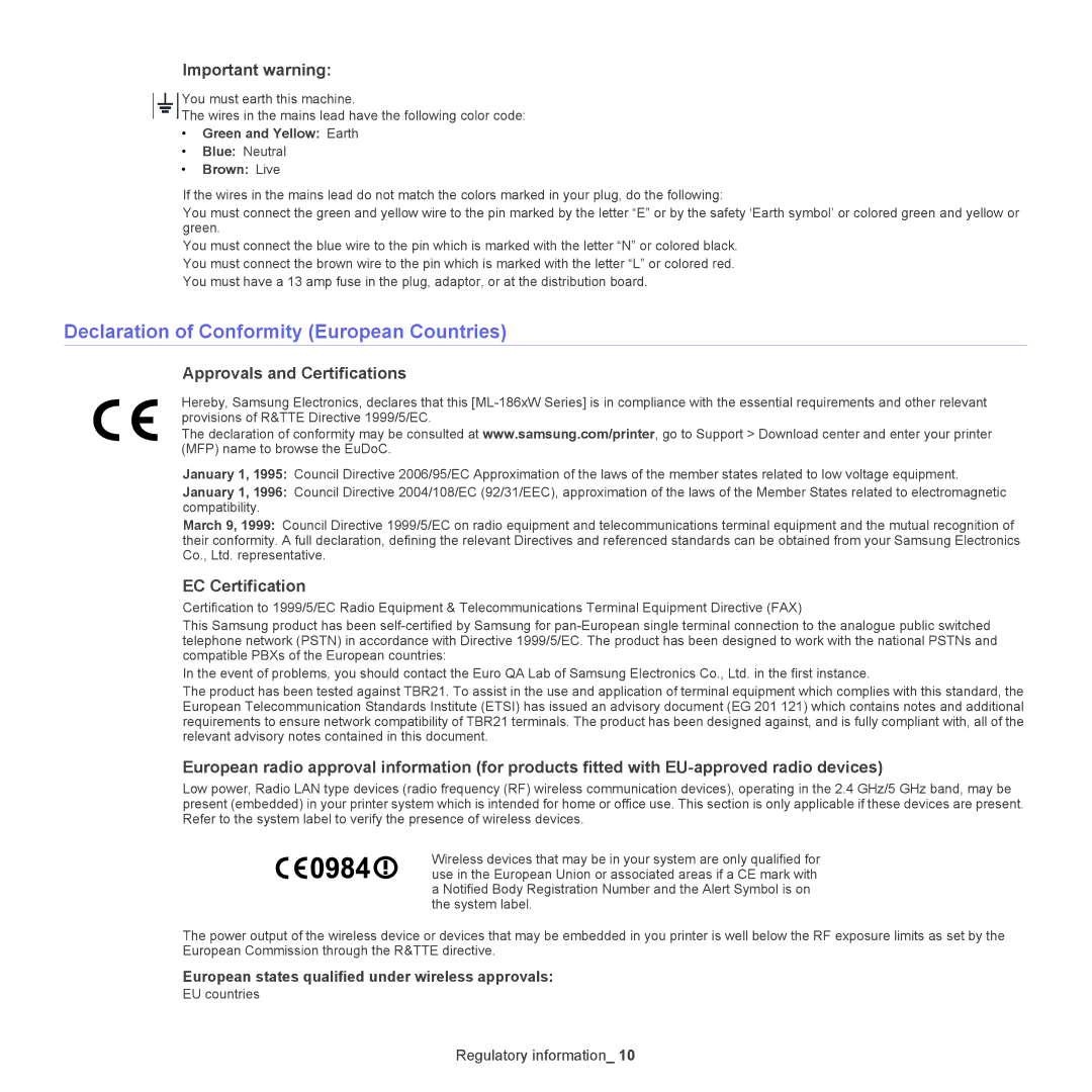 Samsung ML-186XW manual Declaration of Conformity European Countries, Important warning, Approvals and Certifications 