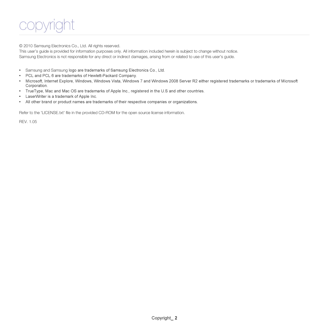 Samsung ML-186XW manual Copyright 