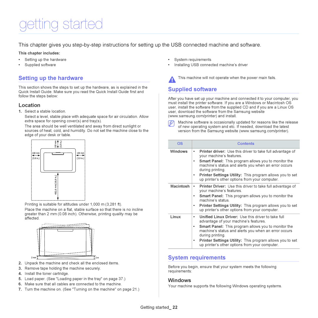 Samsung ML-186XW manual Getting started, Setting up the hardware, Supplied software, System requirements 