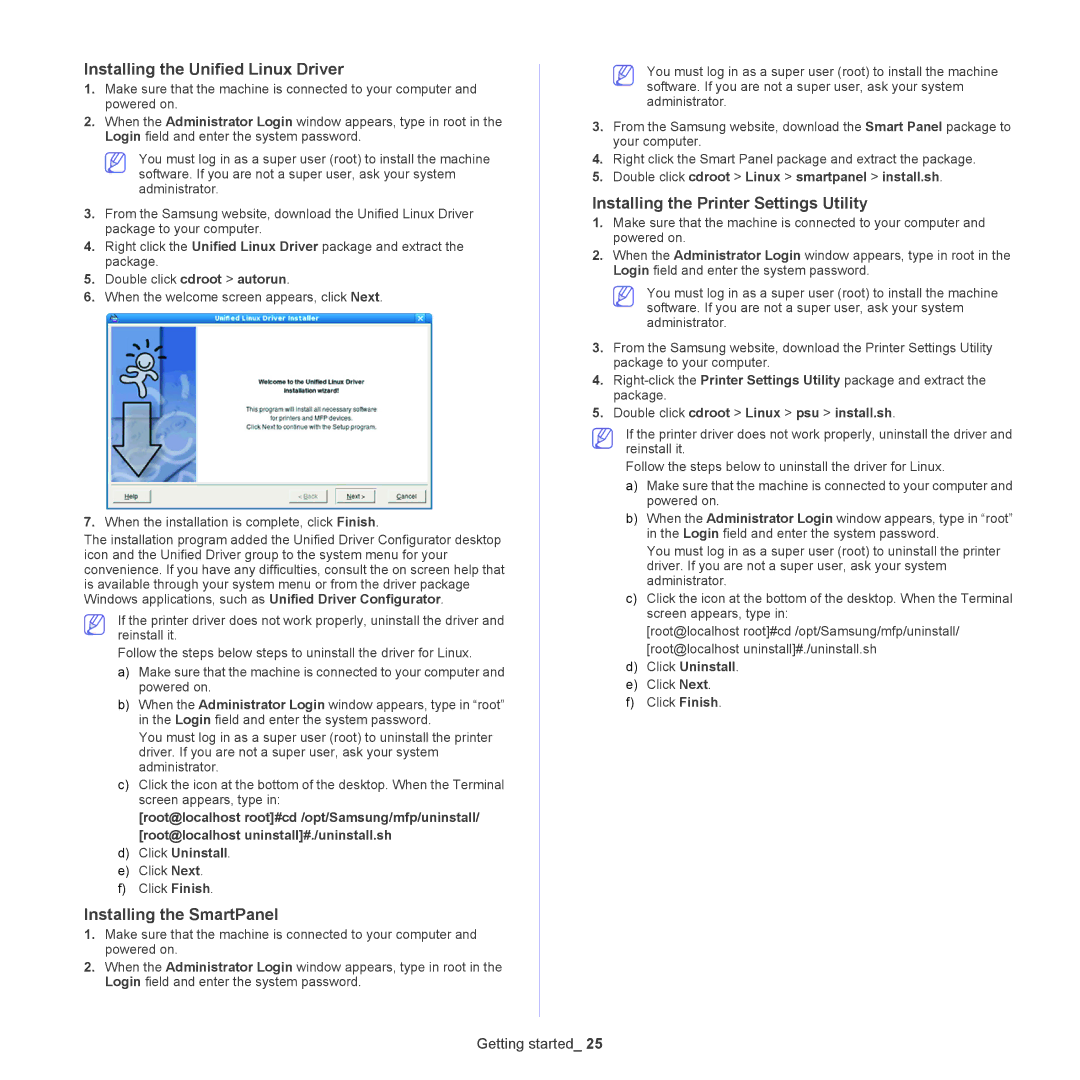 Samsung ML-186XW Installing the Unified Linux Driver, Installing the SmartPanel, Installing the Printer Settings Utility 