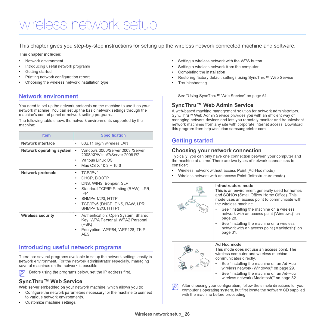 Samsung ML-186XW manual Wireless network setup, Network environment, Introducing useful network programs, Getting started 