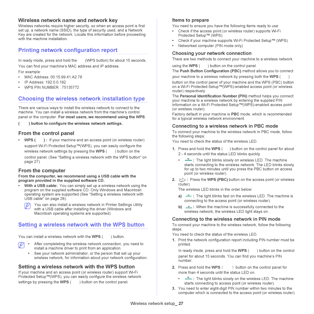 Samsung ML-186XW manual Printing network configuration report, Choosing the wireless network installation type 