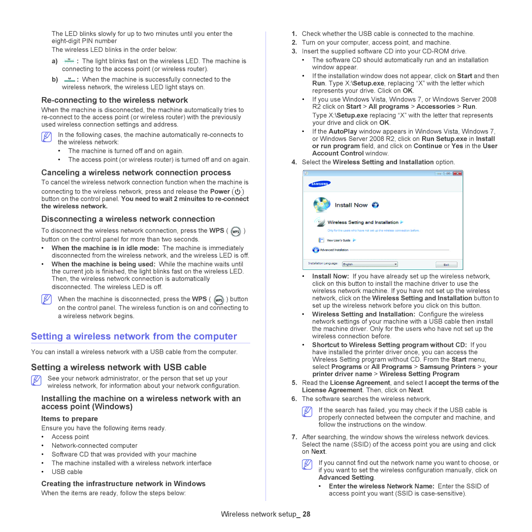 Samsung ML-186XW manual Setting a wireless network from the computer, Setting a wireless network with USB cable 