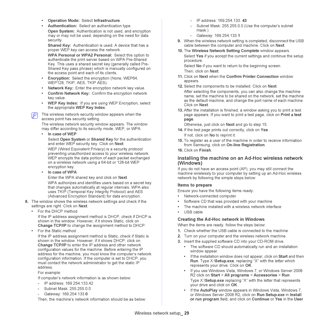 Samsung ML-186XW manual Operation Mode Select Infrastructure, Case of WPA, Wireless Network Setting Complete window appears 