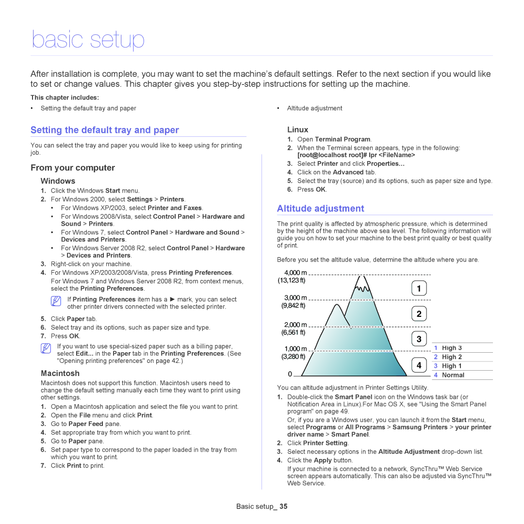 Samsung ML-186XW manual Basic setup, Setting the default tray and paper, Altitude adjustment, From your computer 